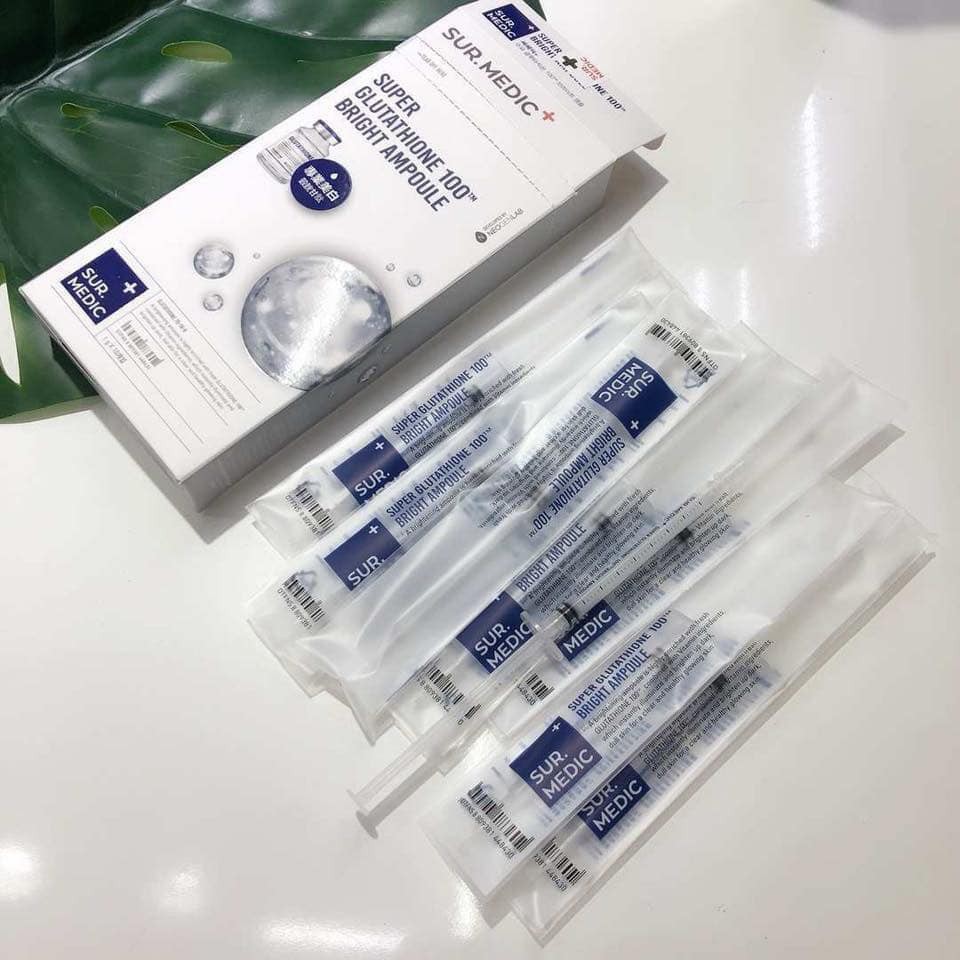 Tinh chất truyền trắng Sur.Medic + super glutathione 100 bright ampoule 1g, được sản xuất từ các thành phần lành tính, đảm bảo chất lượng như mô tả, an toàn cho người sử dụng