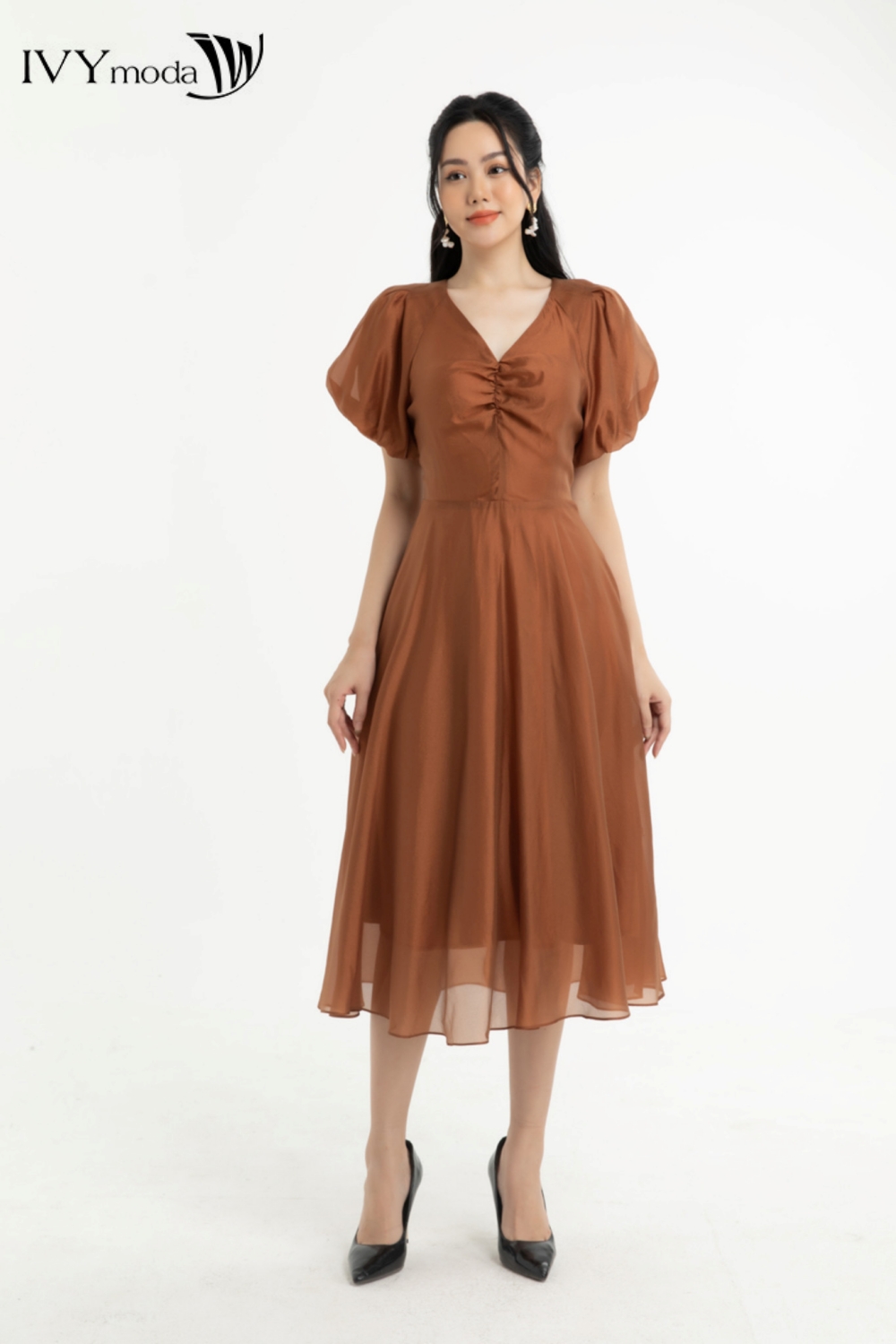 Đầm lụa xòe tay phồng ivy moda ms 48m7589