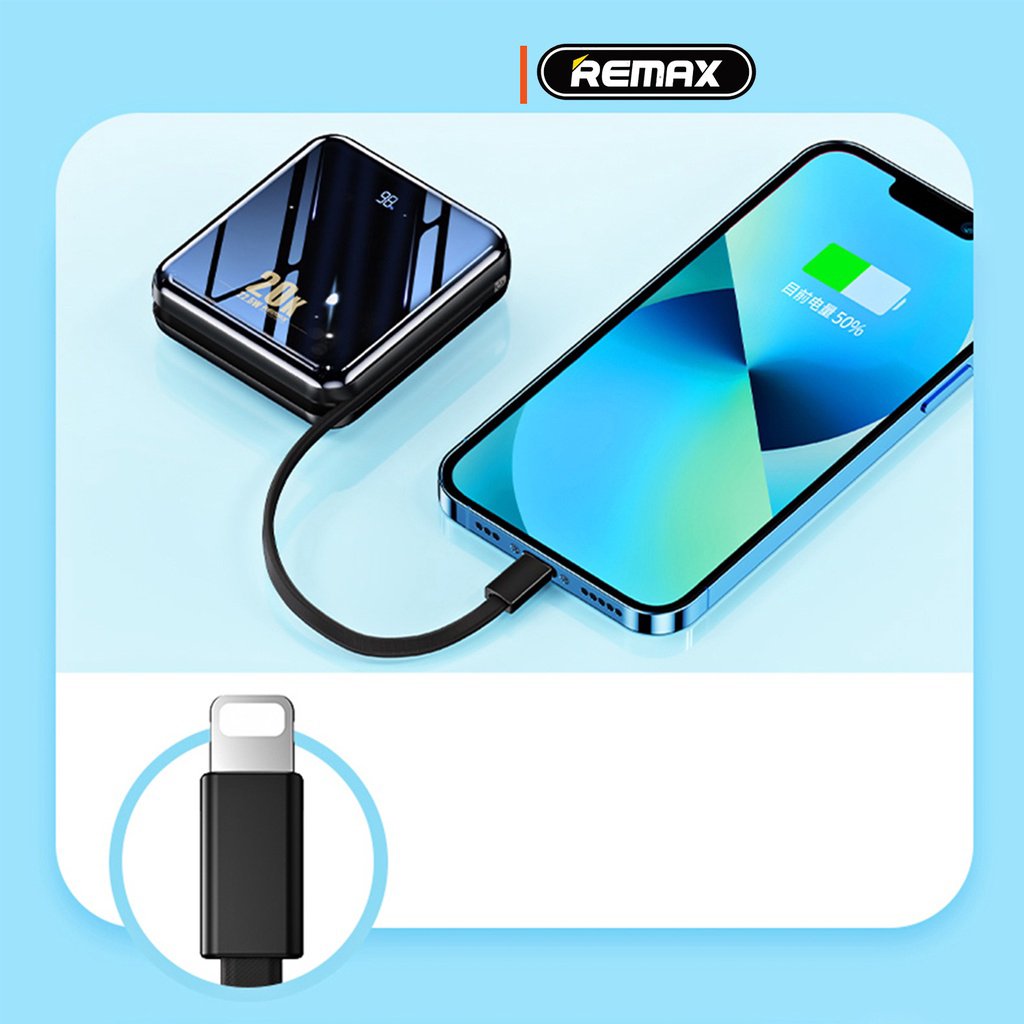 Sạc dự phòng 20000mah chính hãng Remax RPP 51 sạc nhanh 20w và tích hợp dây sạc iP và Type C.,thiết kế nhỏ gọn,sang trọng,sạc pin cực nhanh,tích hợp 2 đèn led BH 12 tháng
