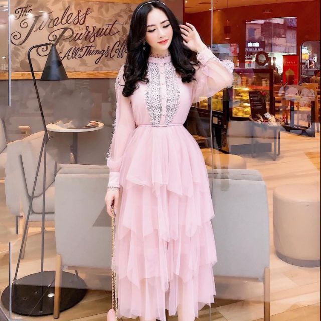 Đầm Tiểu Thư Tầng Chất Voan Eo Thun