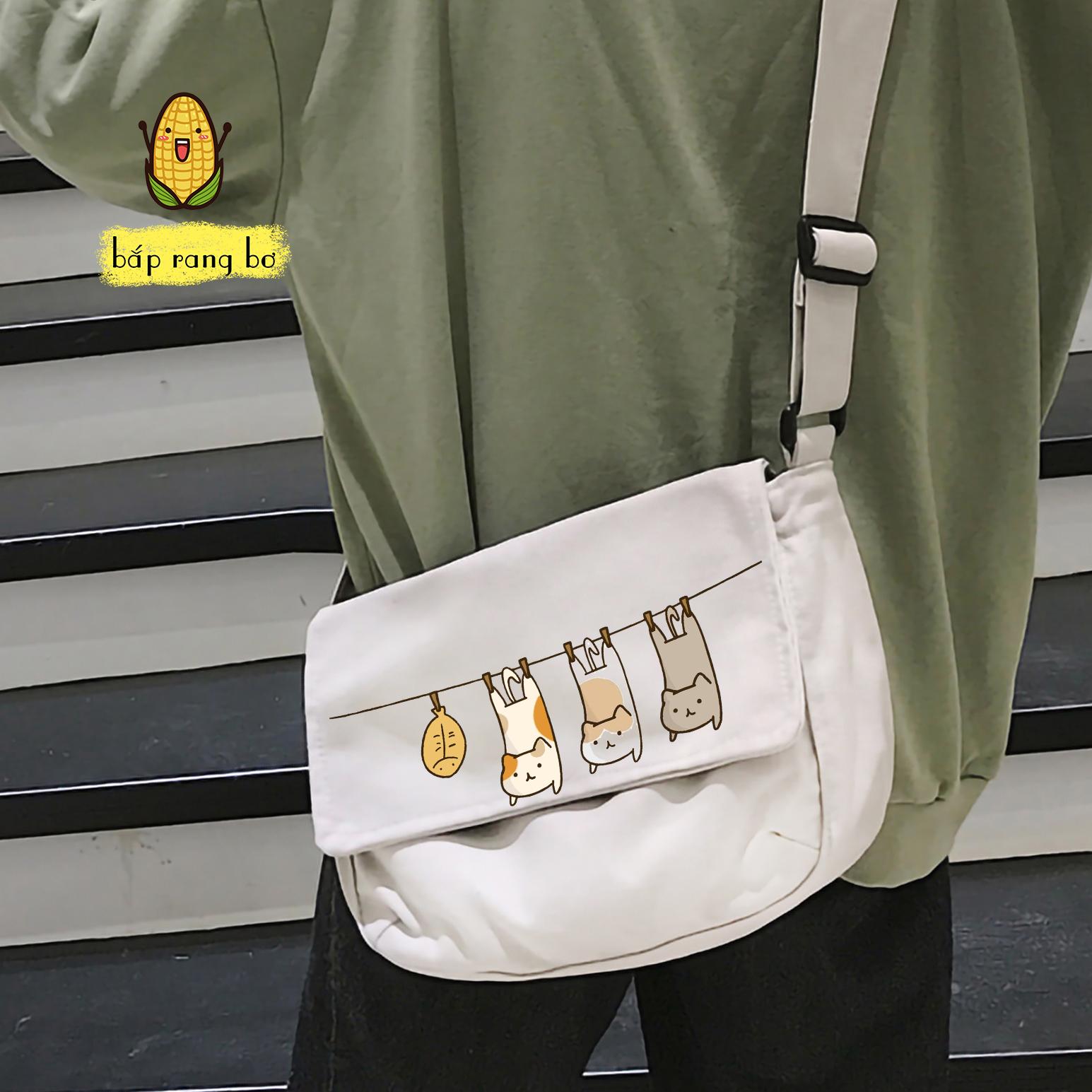 TÚI TOTE ĐEO CHÉO MÈO CUTE CÓ TÚI CON ĐỂ SÁCH A4