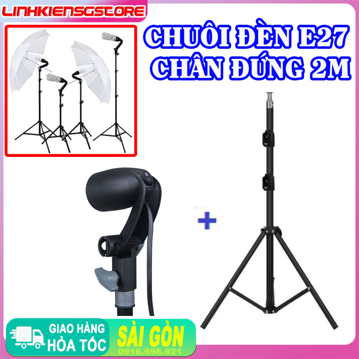 CHUÔI ĐÈN E27 VÀ CHÂN ĐỨNG 2M STUDIO ,CHỤP HÌNH HỖ TRỢ ÁNH SÁNG (Không bóng đèn)