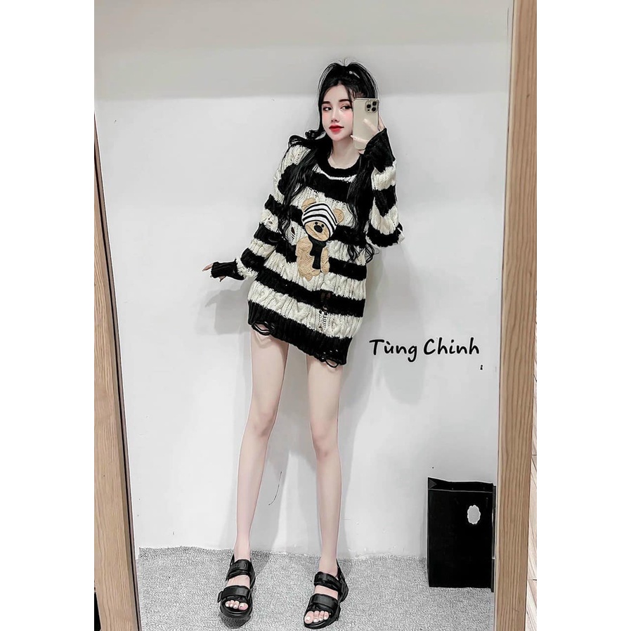 Áo len gấu kẻ ngang cute sang chảnh(kèm ảnh thật và video)