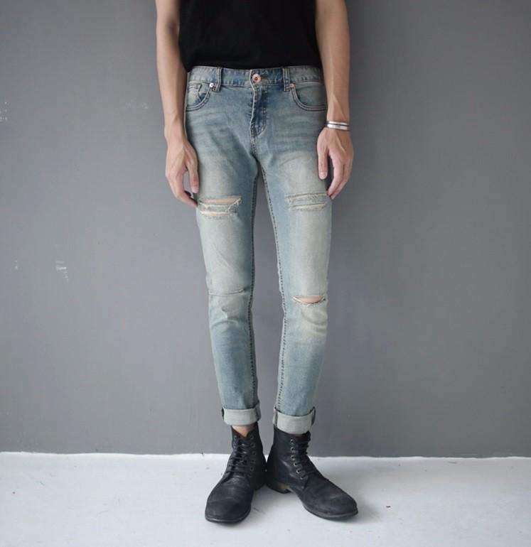 Quần Jean côn skinny rách nam