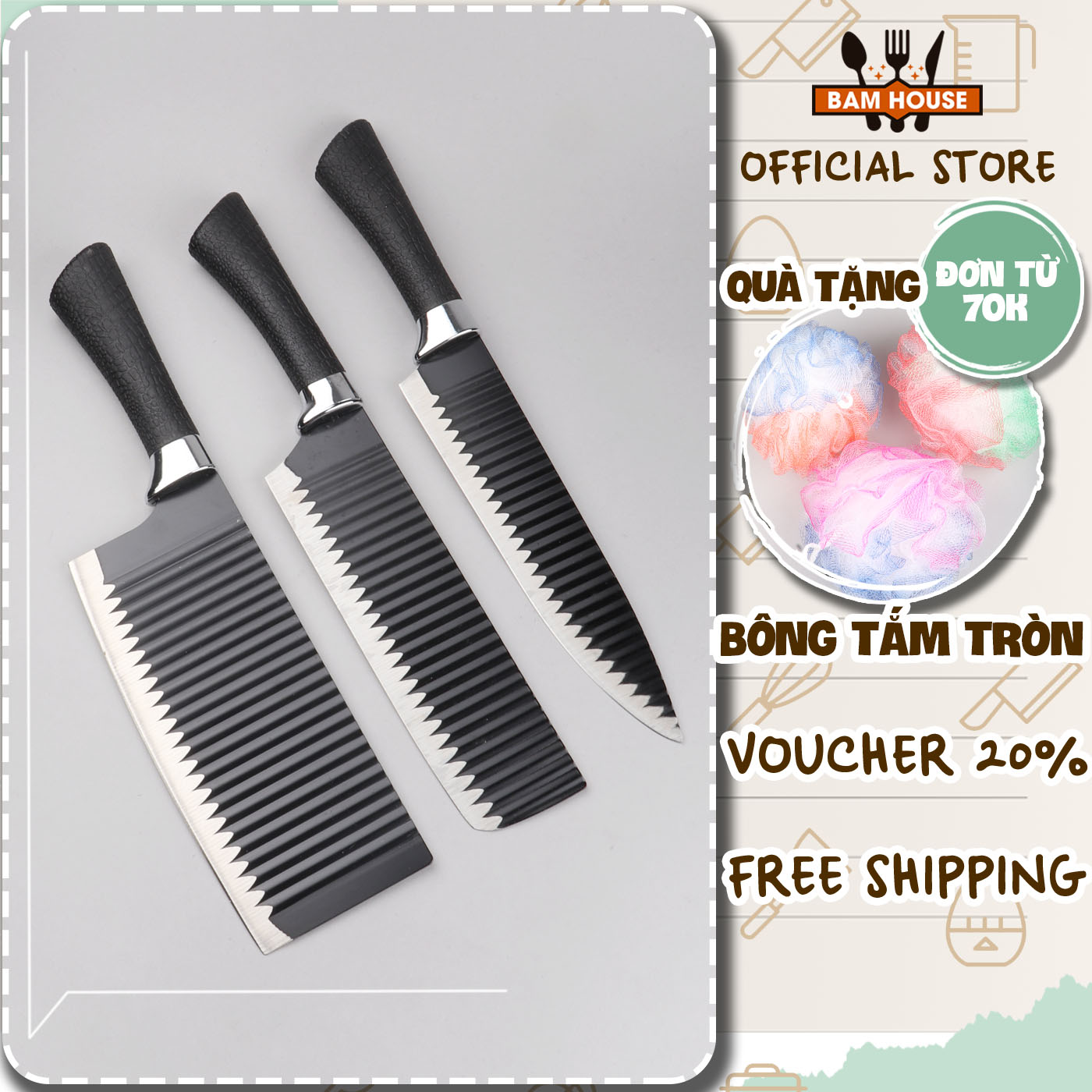 Set Dao bếp đa năng inox Bam House lưỡi gợn sóng siêu bén cán cao su cao