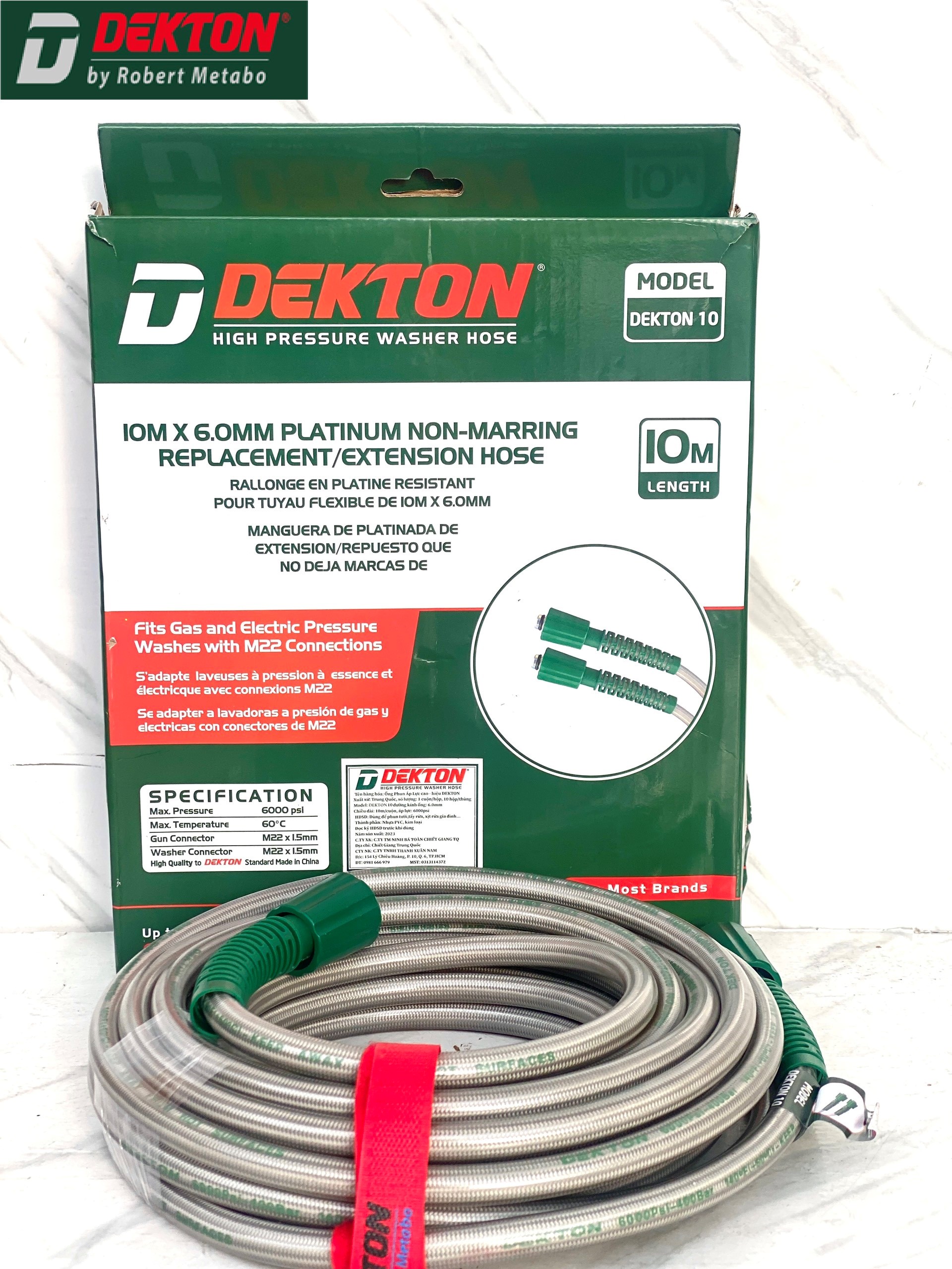 Dây xịt cao áp rửa xe Dekton 10M chân ren 22mm hàng chính hãng chịu áp lực nước cao