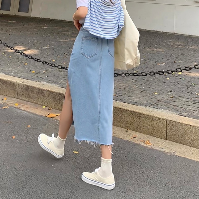 Chân váy demin lưng cao dáng dài xẻ tà ms 01