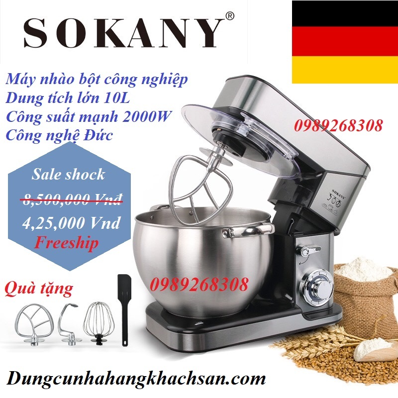 Giá bán Máy nhào bột công nghiệp 10L 2000W SOKANY-công nghệ sản xuất của Đức-thố 100% inox- Thích hợp dùng sản xuất hoặc gia đình-Bảo hành 1 năm