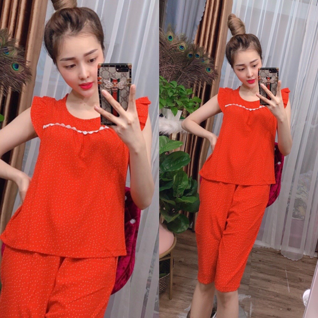ĐỒ BỘ LỤA CHẤM BI TAY CÁNH TIÊN MẶC NHÀ DỄ THƯƠNG (ẢNH THẬT), CÓ SIZE 40-75KG - LUA02