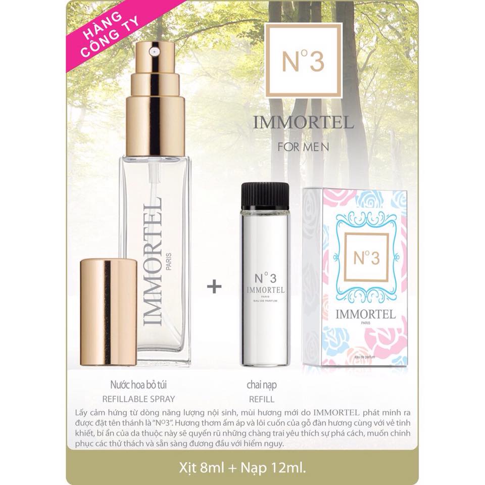 Nước Hoa IMMORTEL No 3 (GỒM CHAI XỊT 8 ml + CHAI NẠP 12 ml) Eau De Parfum