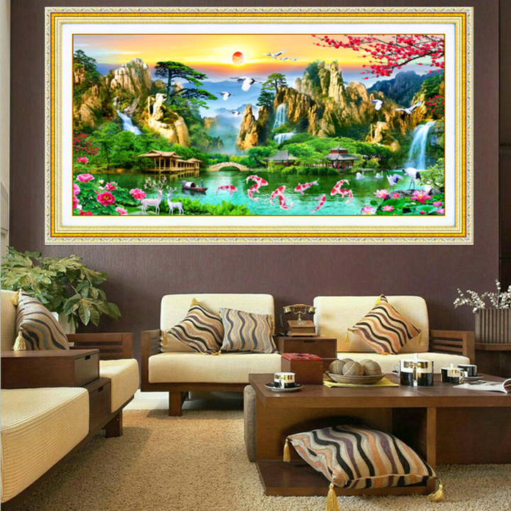 Tranh thêu Phong cảnh lưu thủy sinh tài 160*75cm - chưa thêu