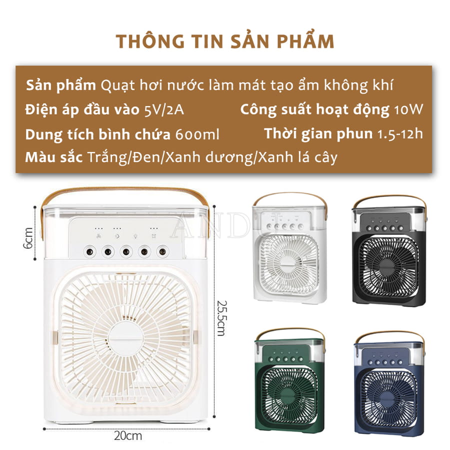 Quạt Điều Hòa Phun Sương Hơi Nước Mini Để Bàn 3 Chế Độ Tích Hợp Led, Chế Độ Hẹn Giờ Sử Dụng Cổng Sạc USB Tiện Dụng