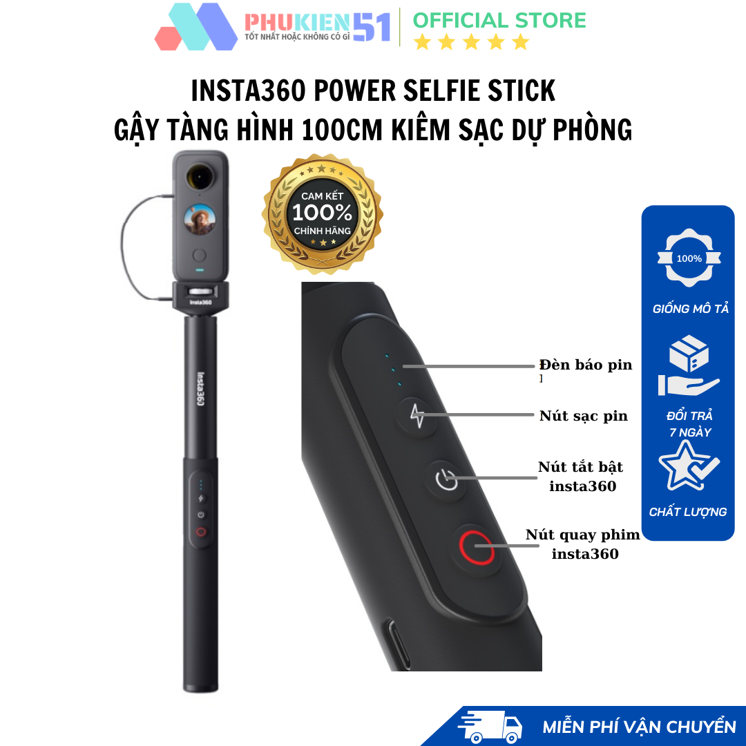 Gậy sạc tàng hình insta360 tích hợp sạc 4500mah- power selfie stick insta360- hàng chính hãng