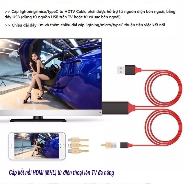 Cáp HDMI từ điện thoại ra Tivi đa năng hỗ trợ lightning-micro-typeC