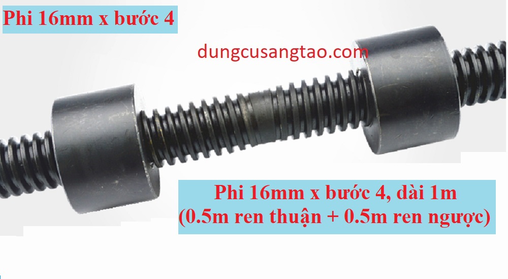 Vít me T screw thép T16 bước 4 (thanh ren T16x4 dài 1 m gồm 0.5m ren thuận - 0.5m ren ngược)