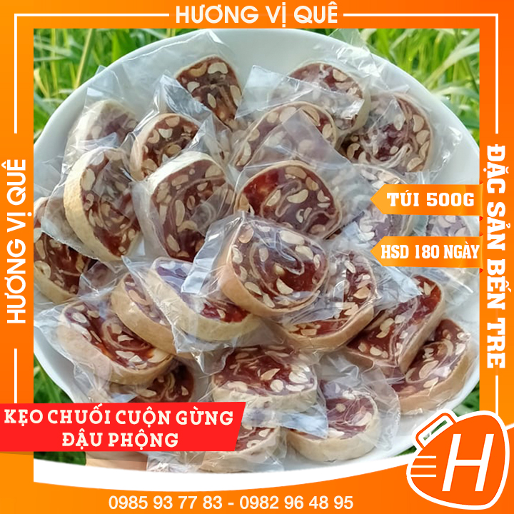 Kẹo Chuối Cuộn Gừng Đậu Phộng - Túi Zip 500g - Đặc Sản Bến Tre