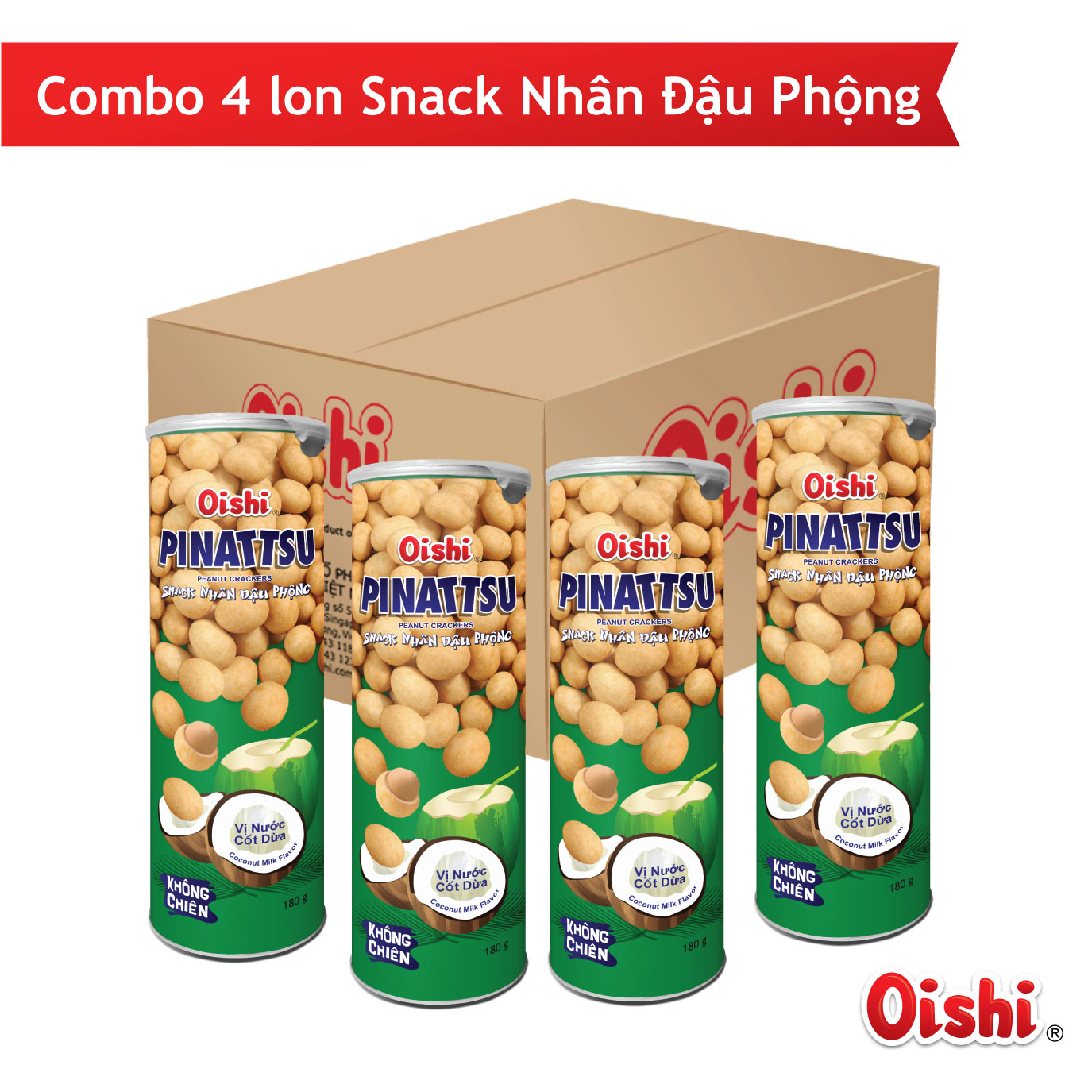 Combo 4 lon Snack Nhân Đậu Phộng Vị Nước Cốt Dừa - (180gr/ lon)