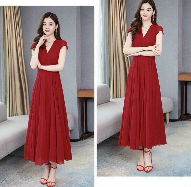đầm maxi cổ v tay con chất vải chifon