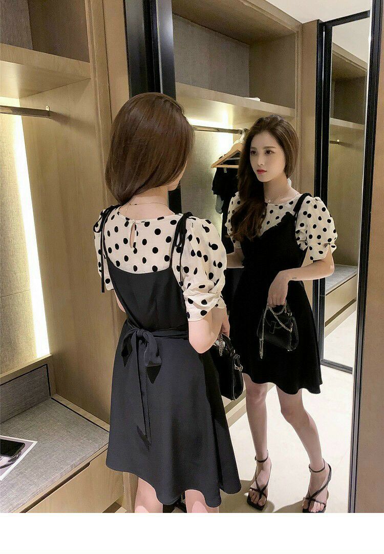 [HCM]Set đầm yếm kèm áo chấm bi