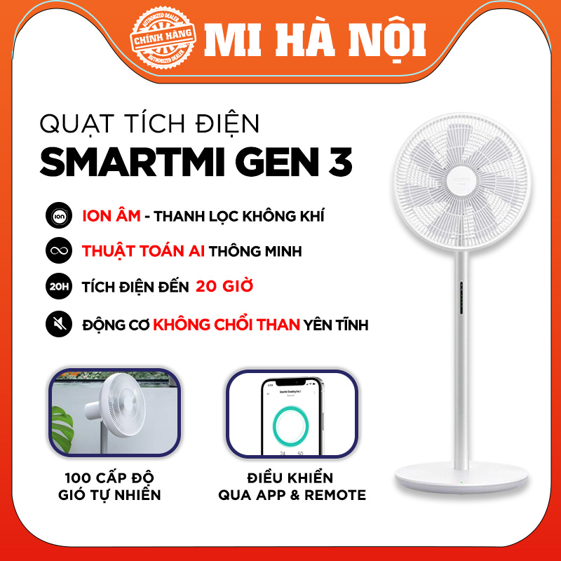 Quạt Tích Điện Thông Minh Smartmi Gen 3/ Gen 3 Pro, tạo ion âm, thanh lọc không khí, động cơ DC chống ồn- Bản quốc tế, kết nối App, có điều khiển