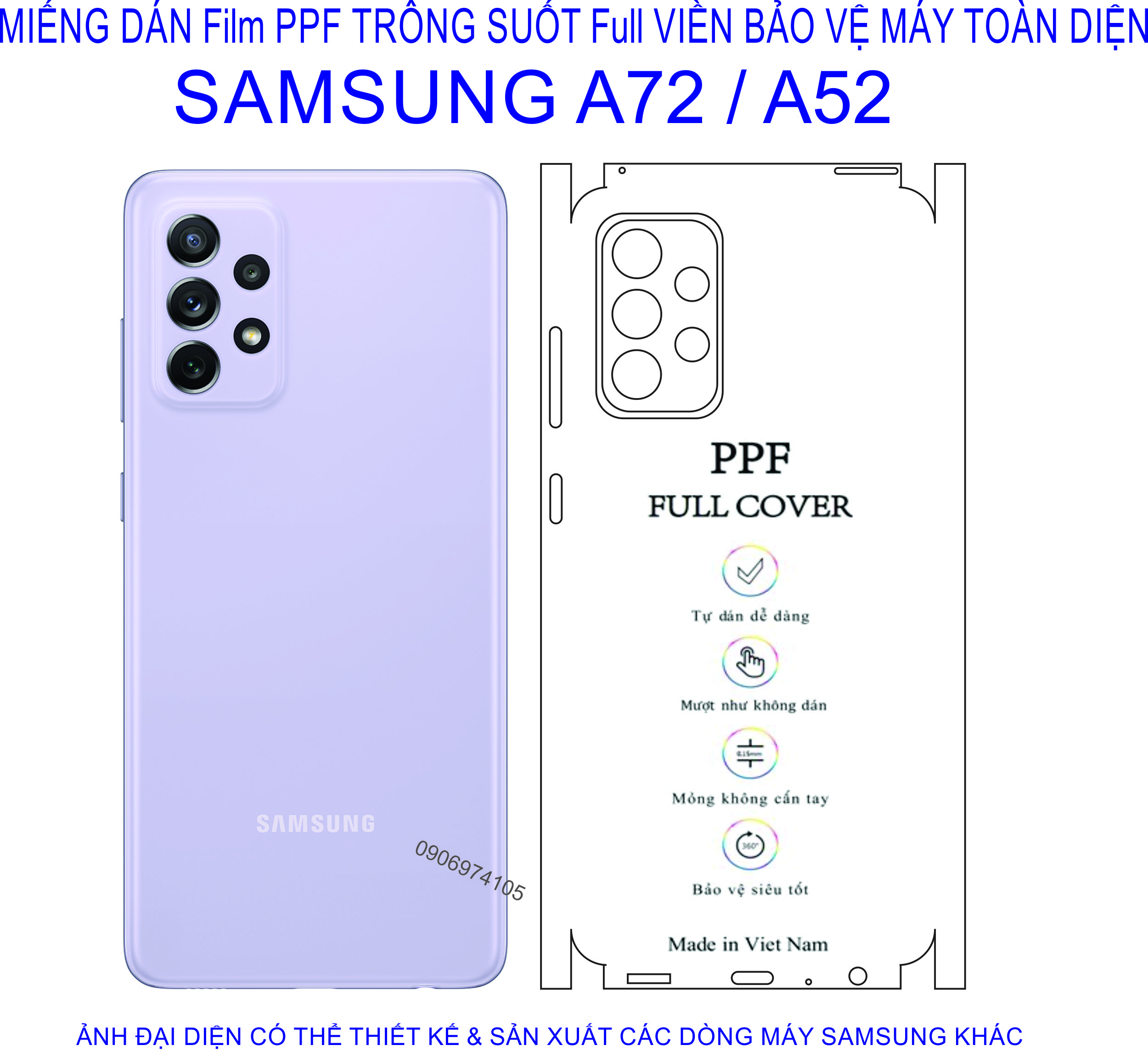 Dán PPF Full viền trong suốt SAMSUNG A72 / A52  bảo vệ máy tránh trầy xước tiệt đối