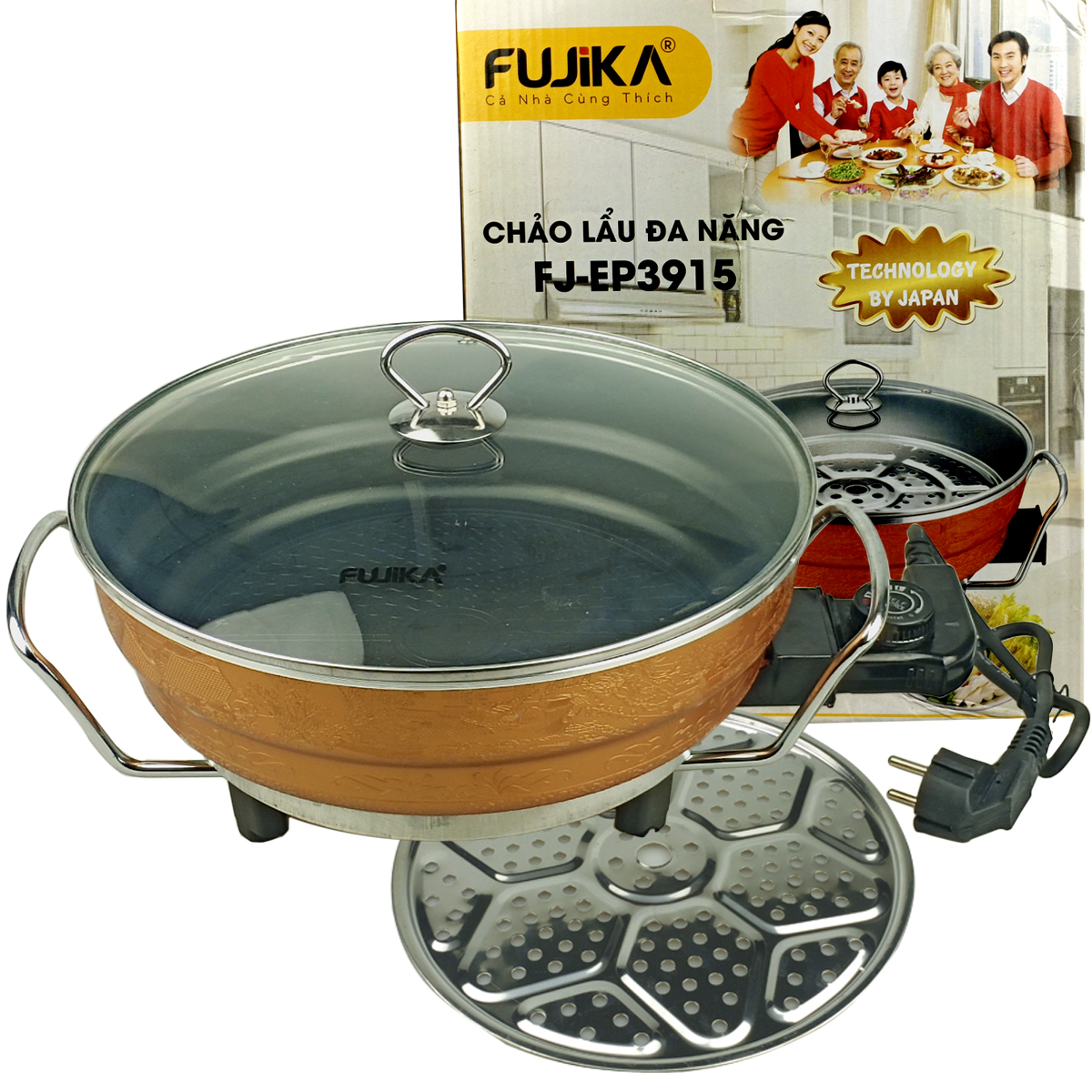 Chảo lẩu điện nướng hấp 3.5l fujika và dây nguồn fj-3915 đa năng công suất 1350w dùng để nấu lẩu,nướng,hấp,chiên,xào,kho,nấu-hàng chính hãng