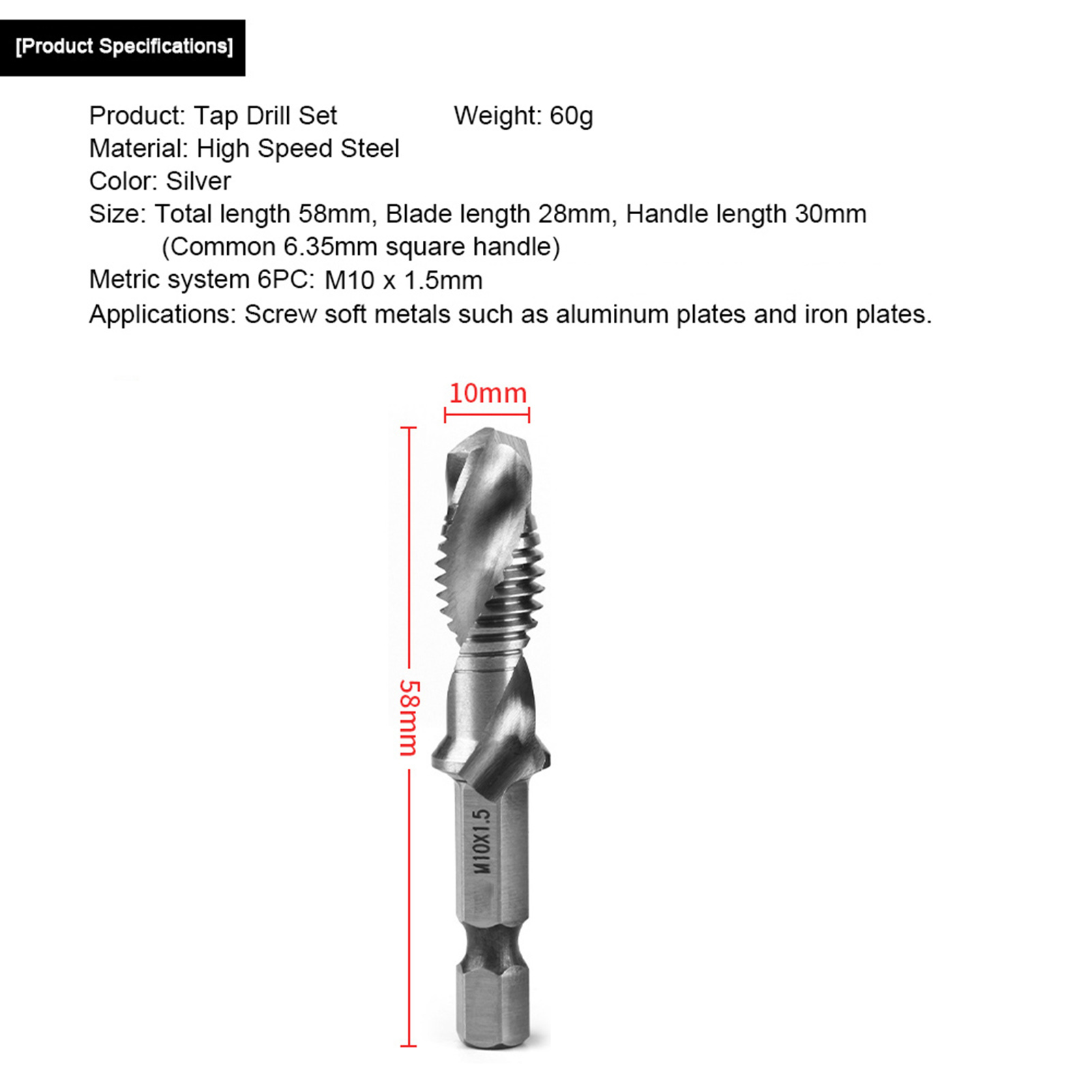 chasoee M10 HSS 1/4  Hex Shank Drill & Tap Taper Drill Bits Power Tool Part