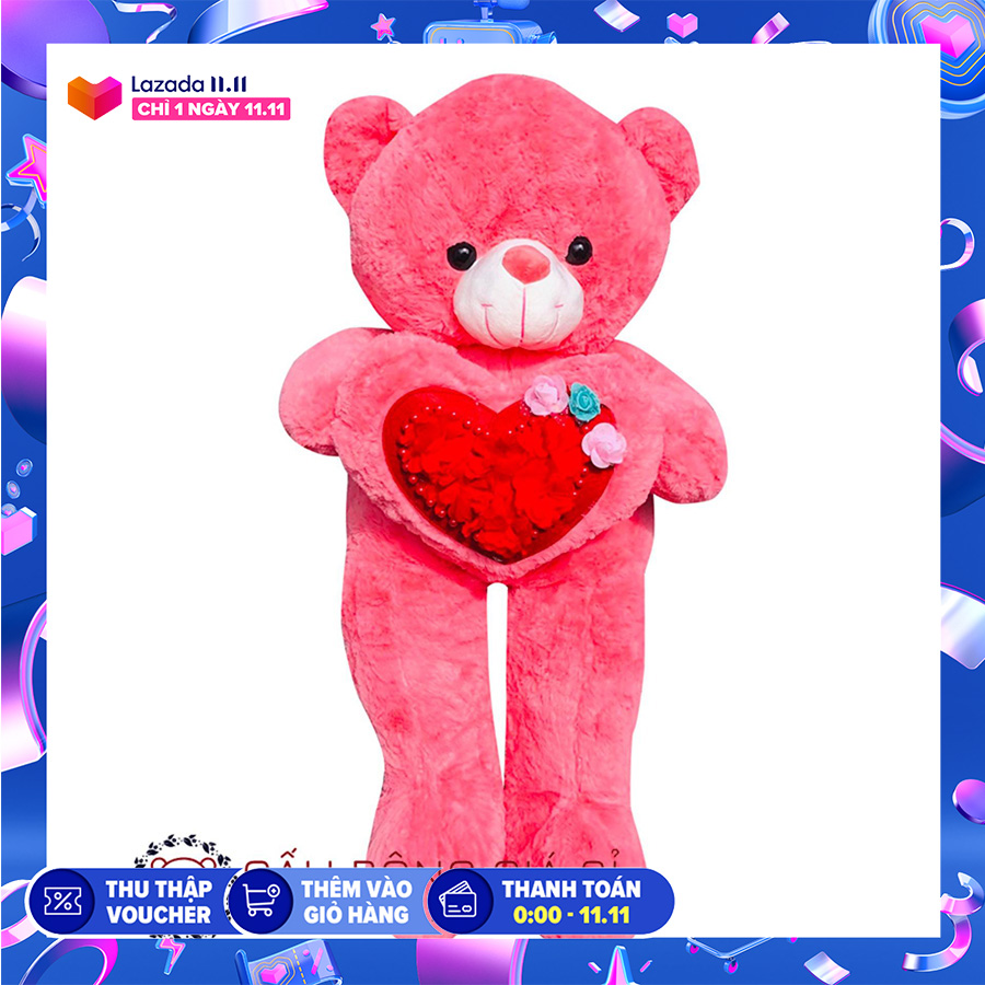 [HCM]Gấu teddy ôm tim đính hoa khổ vải 1m