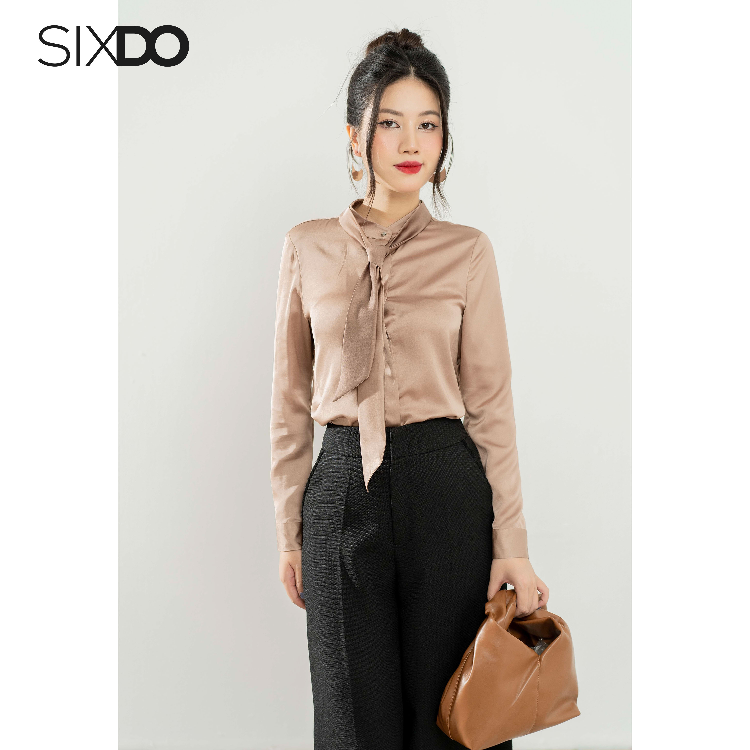 Áo sơ mi nữ cổ nơ SIXDO (Light Brown Long Sleeves Silk Shirt)
