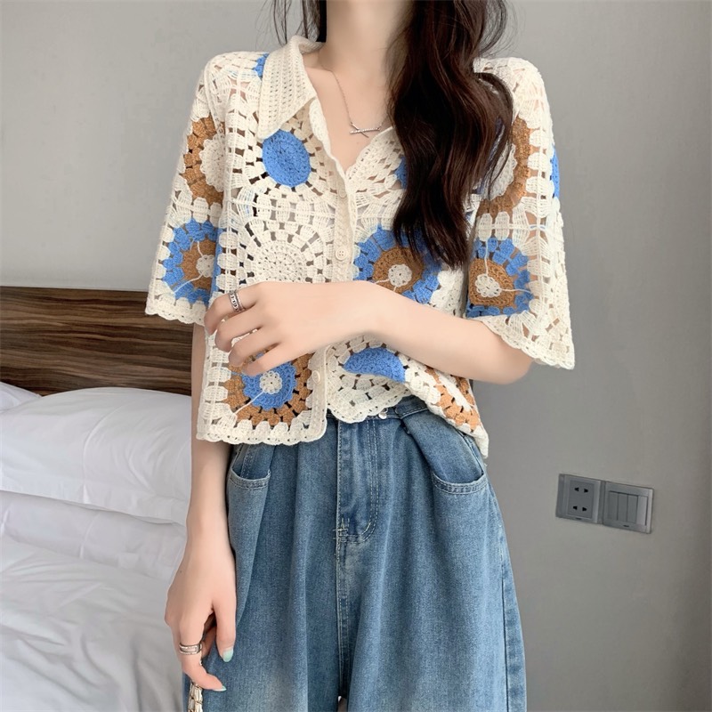 Áo len sơ mi ngắn tay đan hoa cực xinh