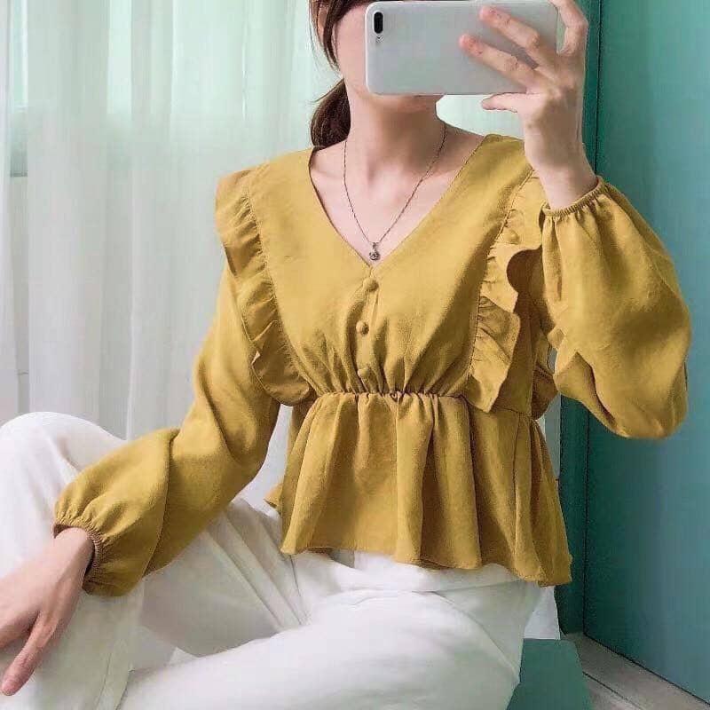 Áo babydoll phối bèo bo eo đính nút cực sang TTKX0236