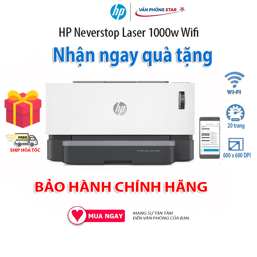 Máy in HP Neverstop Laser 1000w - wifi in ấn không dây  in qua smartphone. laptop, máy tính bảng