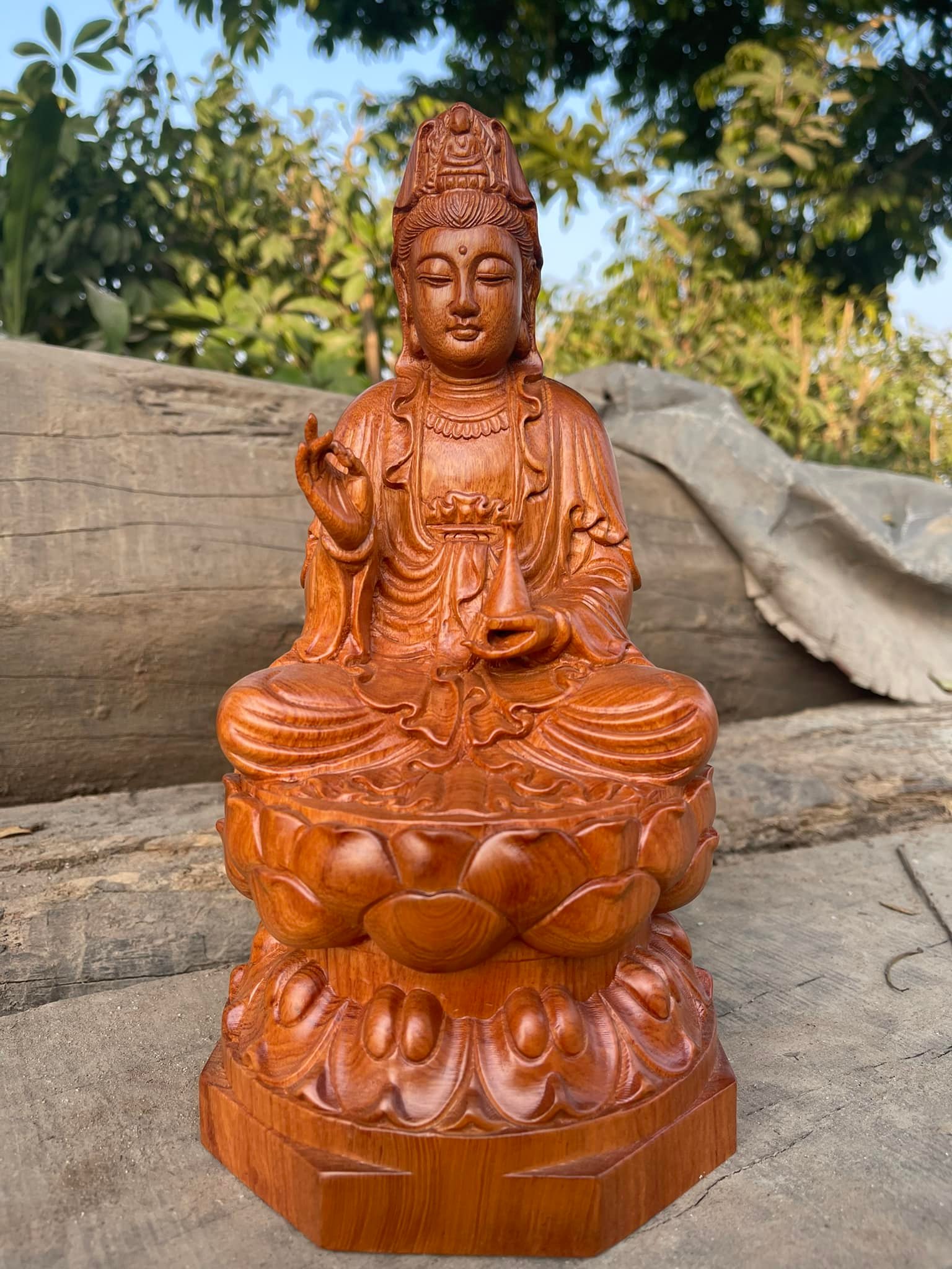 Tượng gỗ Mẹ Quan Âm gỗ Hương nguyên khối cao 30cm