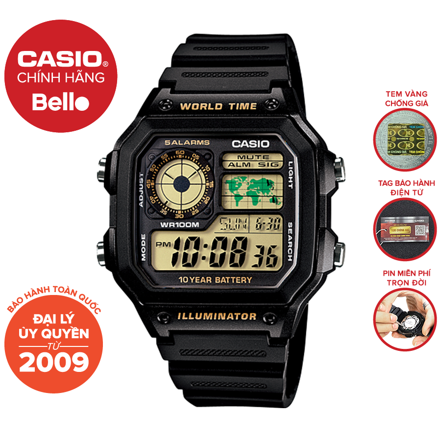 Đồng hồ Casio Nam AE-1200WH-1B chính hãng giá rẻ - Bảo hành 1 năm - Pin trọn đời