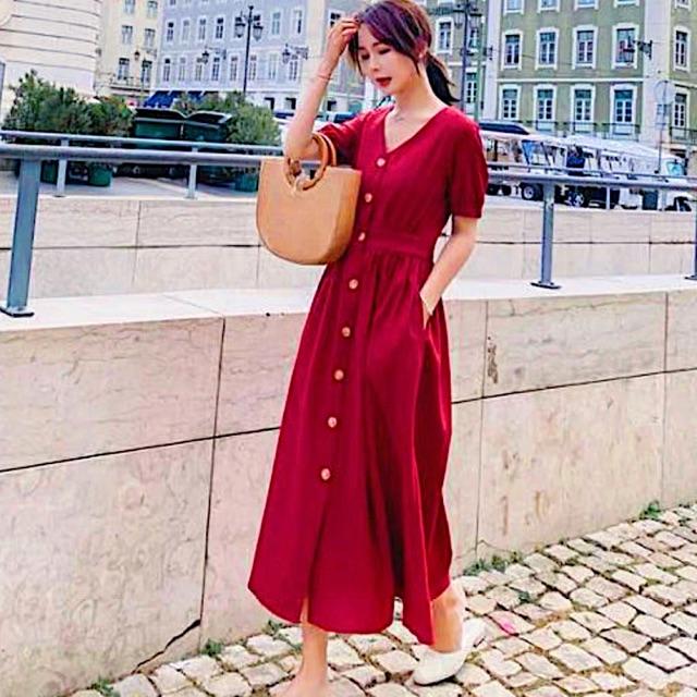 Đầm đỏ form dài bo eo v2
