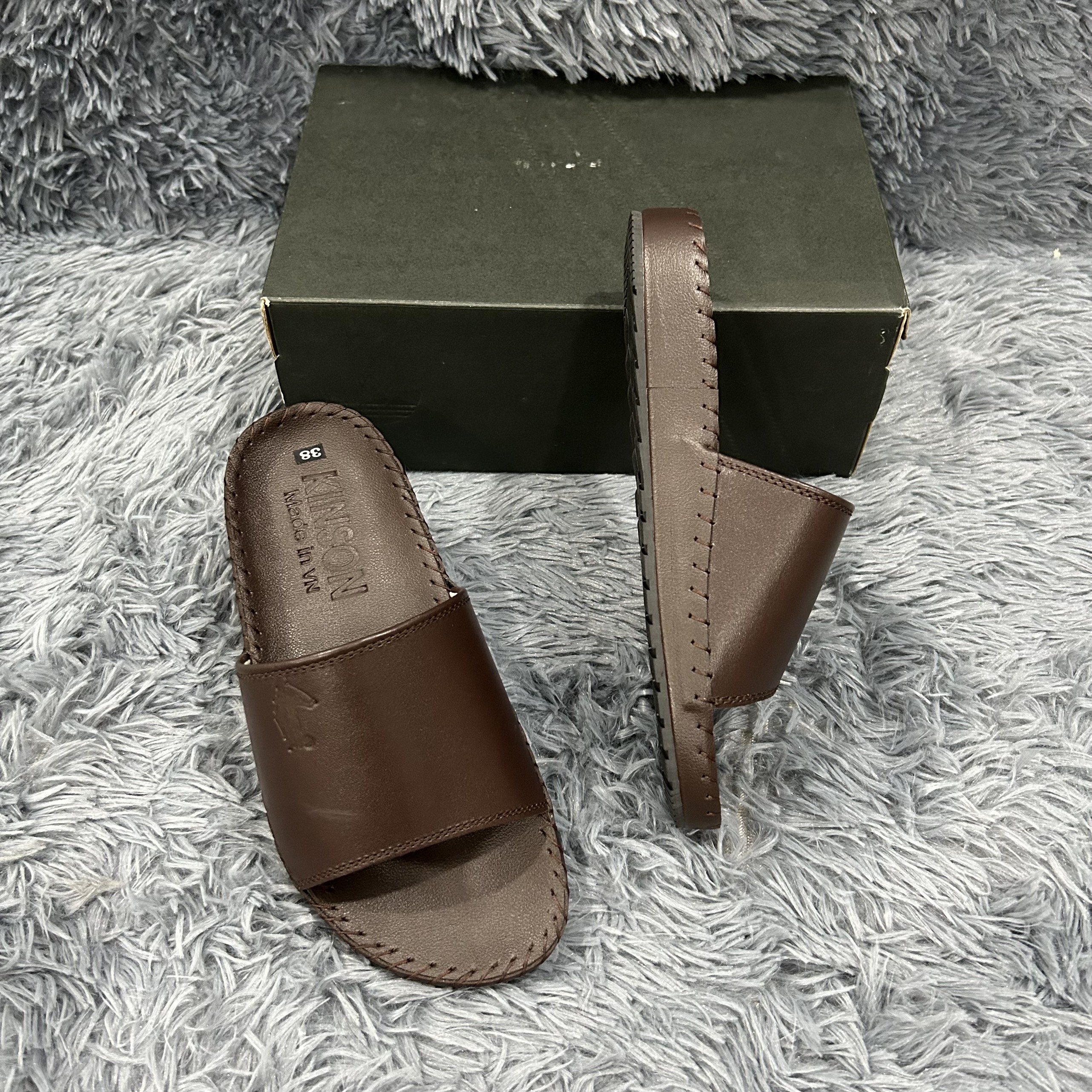 Dép Quai Ngang Nam Da Bò, Dép Nam Cao Cấp, Khâu Chỉ Toàn Bộ, Đế Chống Trượt KINSON Shop