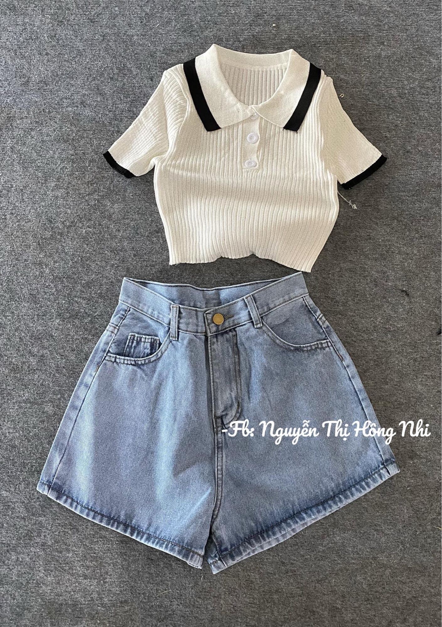 Set Quần Ngố Jeans Lai Cuốn + Croptop Petter Phối Viền