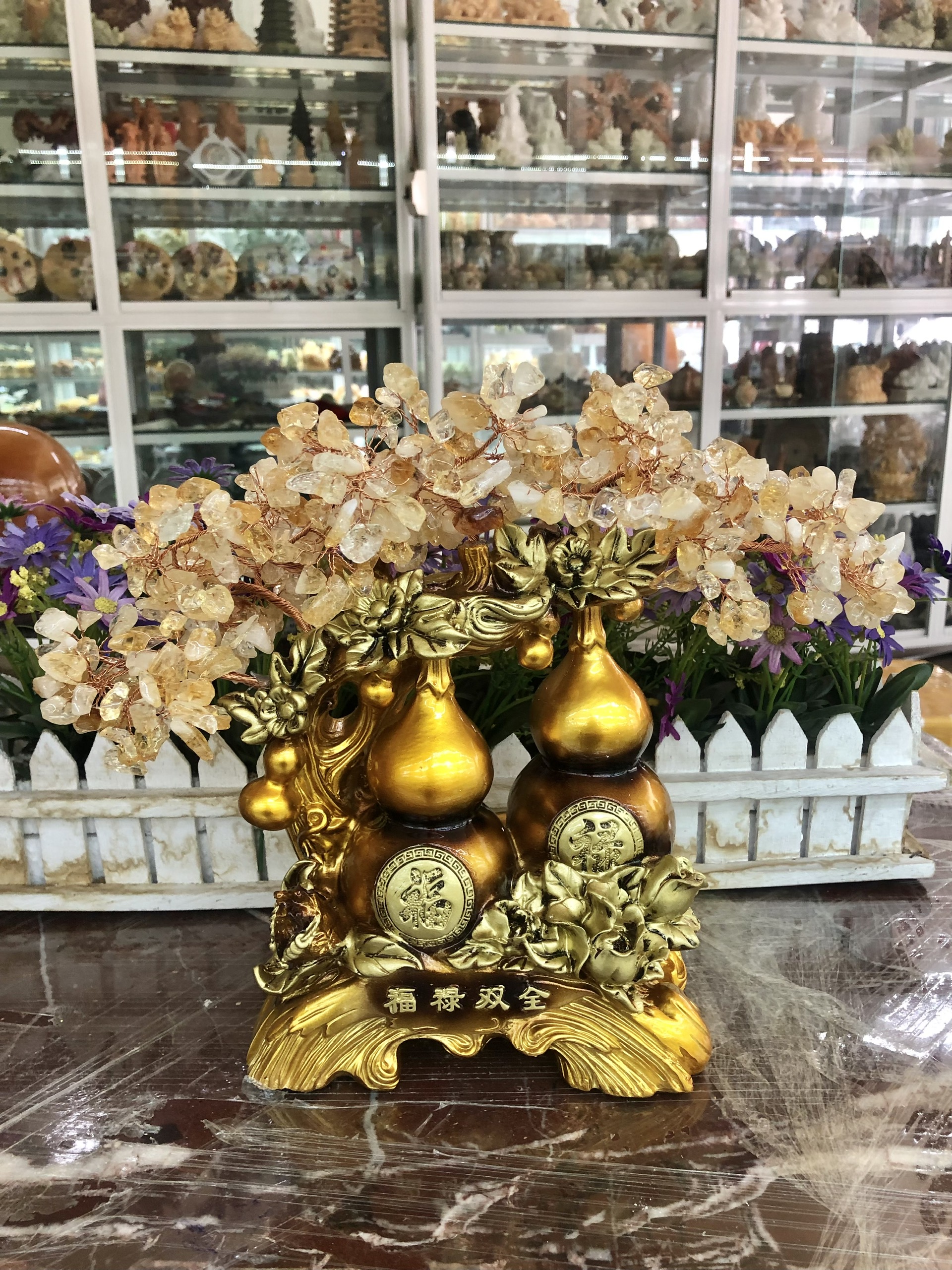Cây tài lộc bầu Hồ Lô phong thủy đá thạch anh vàng trang trí bàn thờ thần tài, bàn làm việc - Cao 28 cm