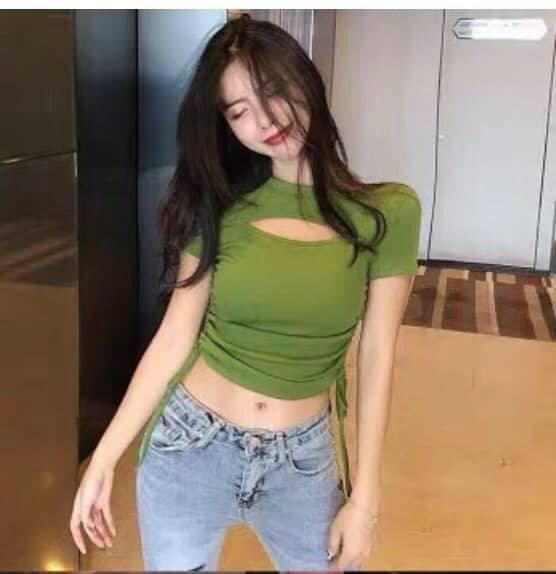 Áo lụa Croptop rút dây khoét ngực style TTKX0108