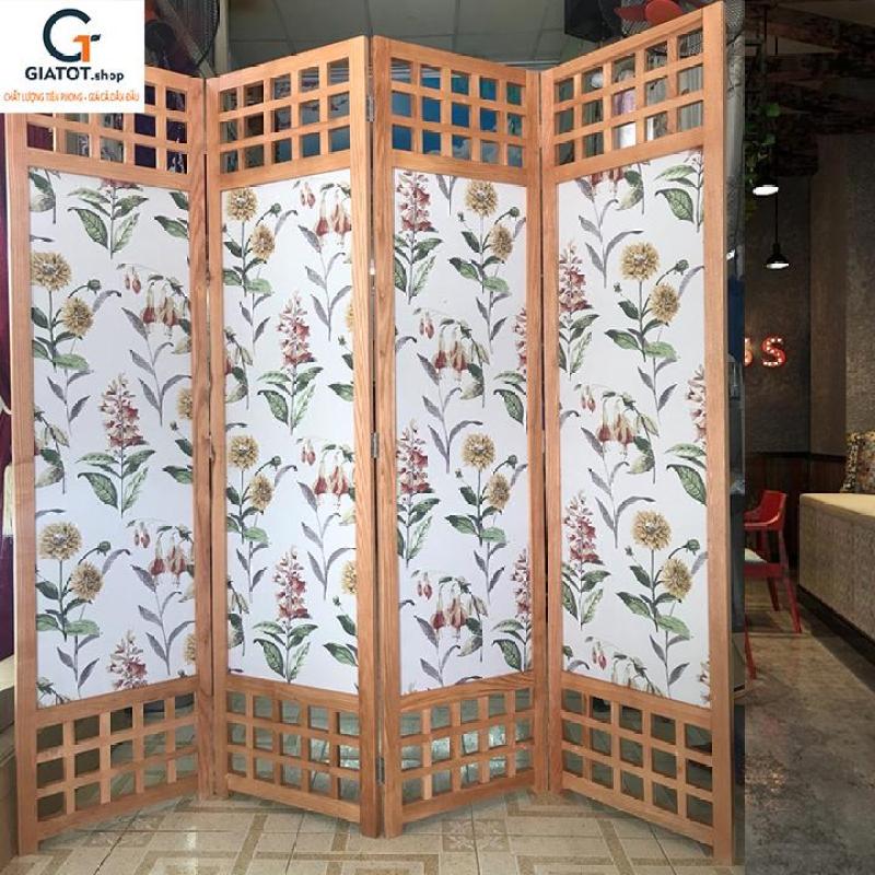 Bình phong bằng gỗ tự nhiên nền vải truyền thống GT504