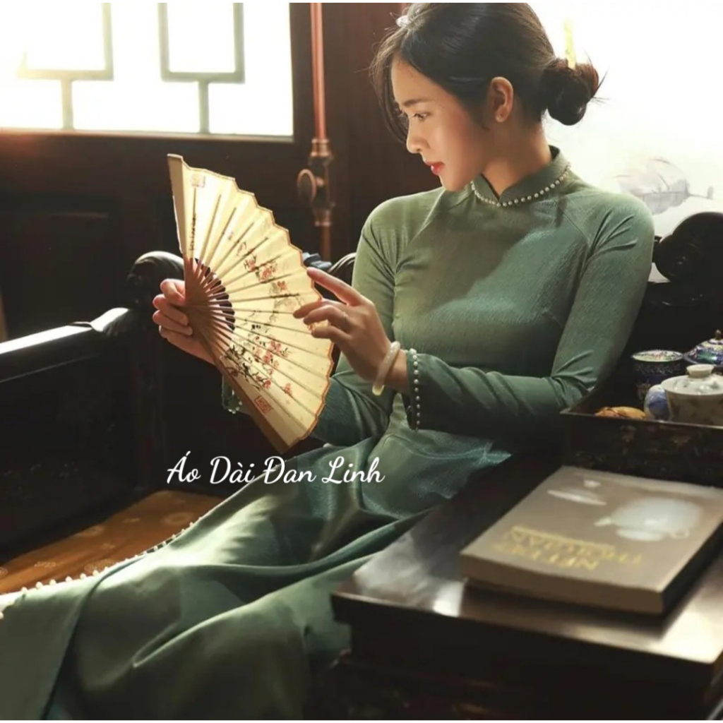 Áo dài màu xanh min lụa vân gỗ cao cấp mềm mịn, co giãn tốt - Áo Dài Đan Linh