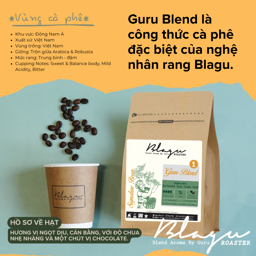 Cà Phê Blagu Hạt Đã Rang, Guru Blend 1 - Dòng Cà Phê Truyền Thống - Medium-Dark - 250g