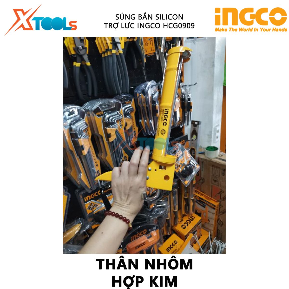 Súng bơm keo silicon có trợ lực INGCO HCG0909 | dụng cụ bơm silicon Kích thước 9" (225mm) Thân nhôm hợp kim XTOOLs