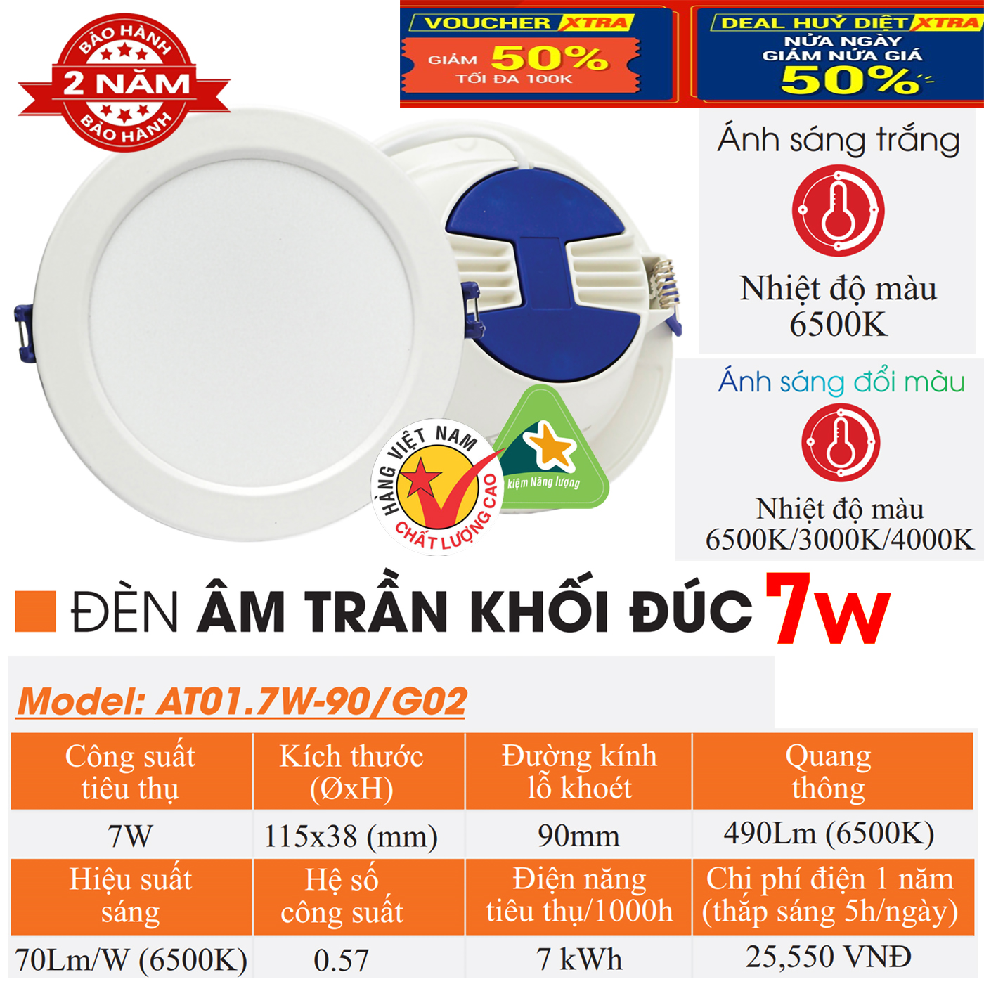 ( Bảo Hành 2 Năm )ĐÈN LED DOWNLIGHT ÂM TRẦN (7W - Phi 90 ) ( 9W - Phi 110) ( KHỐI ĐÚC )( Nguồn Liền ),Siêu Sáng Tiết Kiệm Điện,