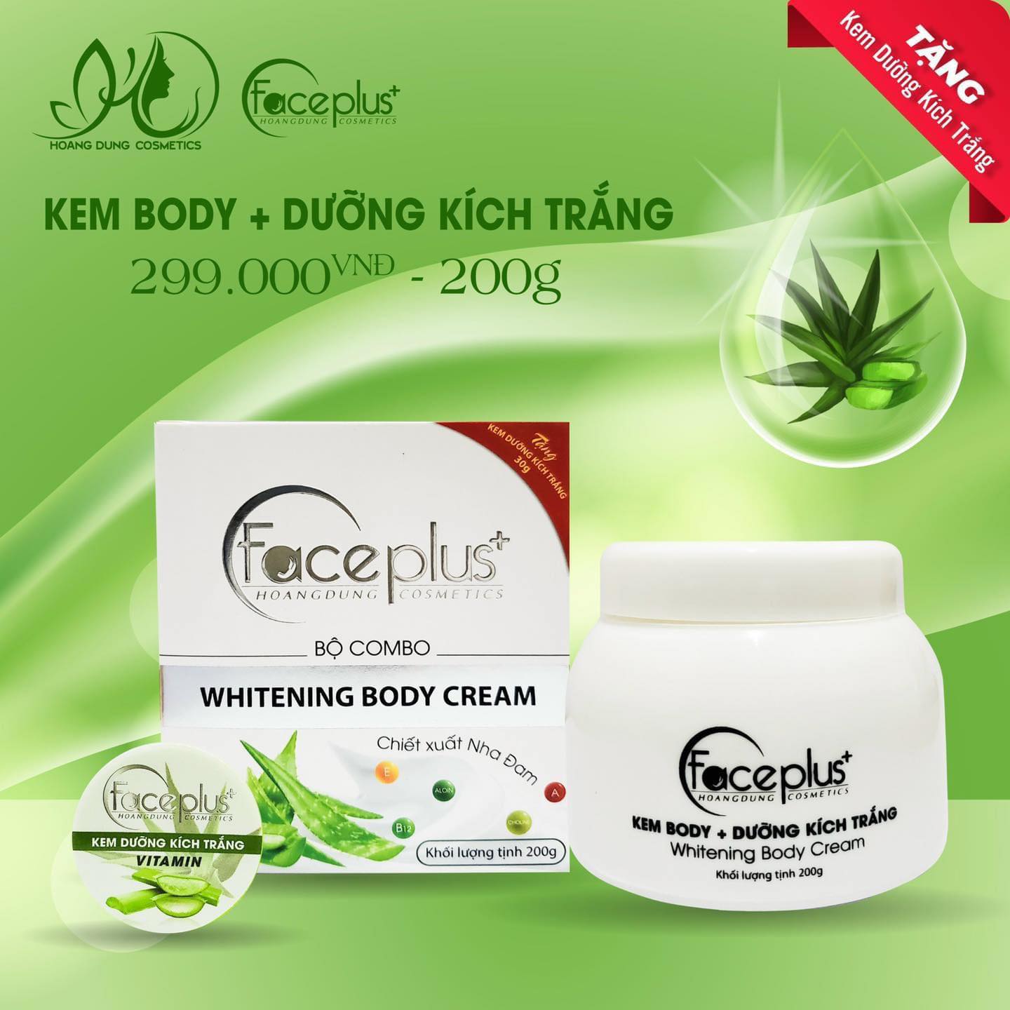 Combo Kem Body + Kích trắng Faceplus+ dưỡng trắng da cấp tốc chiết xuất nha đam 200g