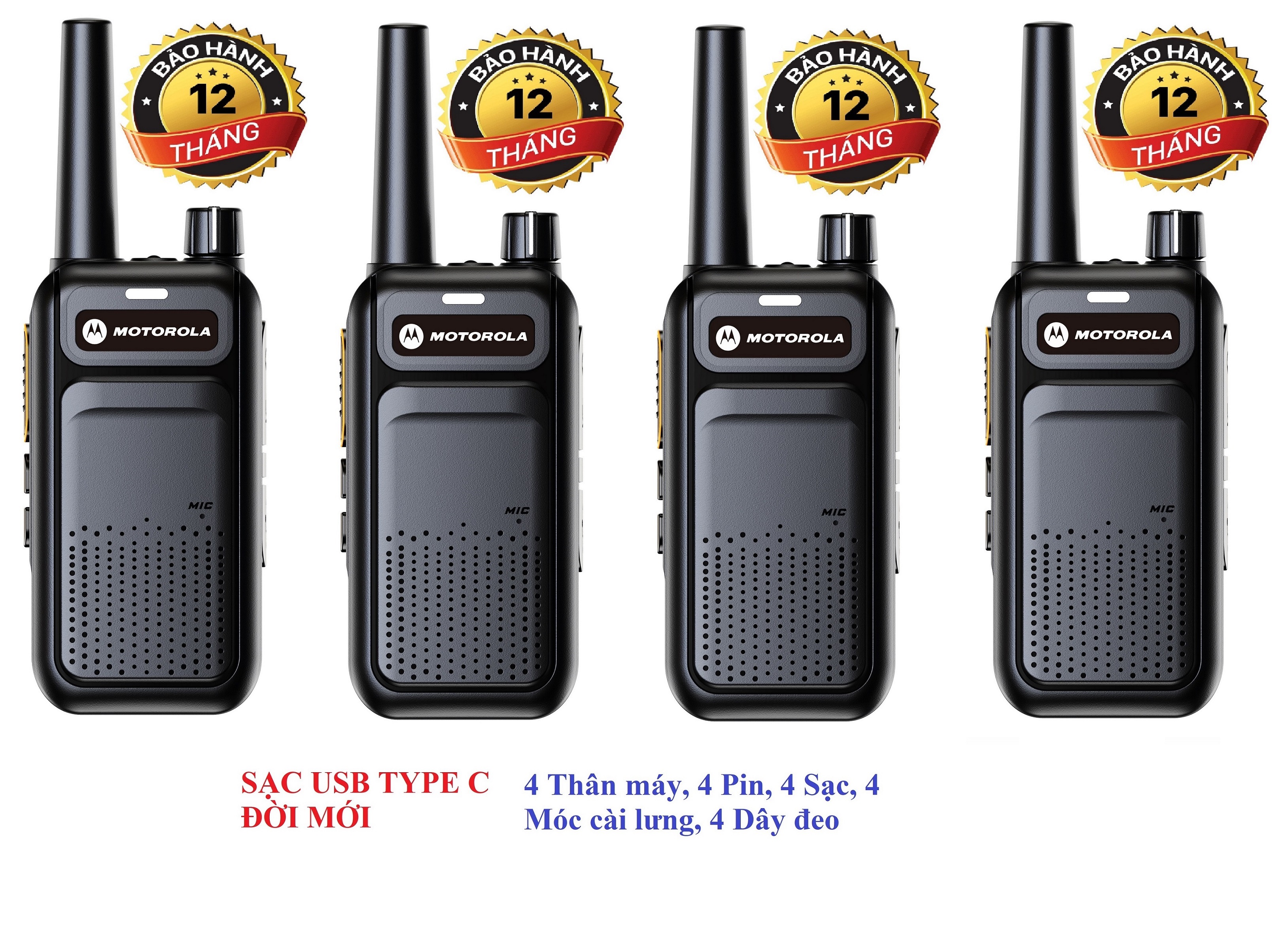 Bộ 4 Bộ đàm Sạc USB Type C Motorola GP999S (Loa chống từ tính bền bỉ &To, Pin sử dụng trên 15 tiếng,cự ly liên lạc xa)