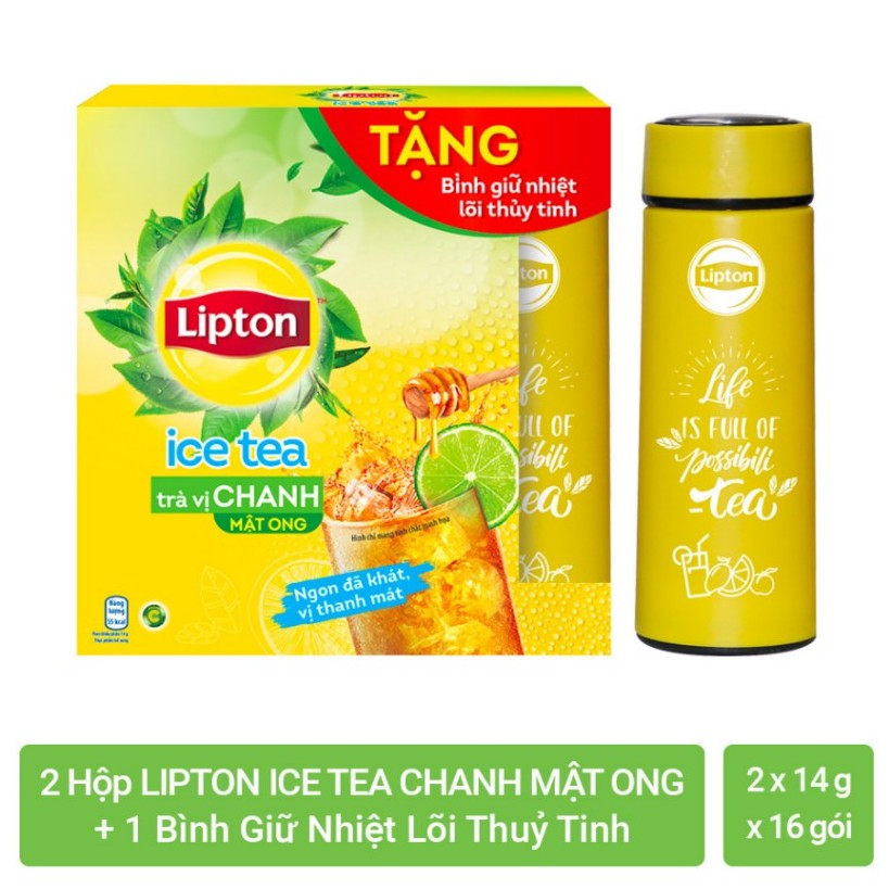Trà chanh Lipton Ice Tea Hộp 224g (14g x 16 gói) [Bộ 2 hộp Tặng bình giữ nhiệt]