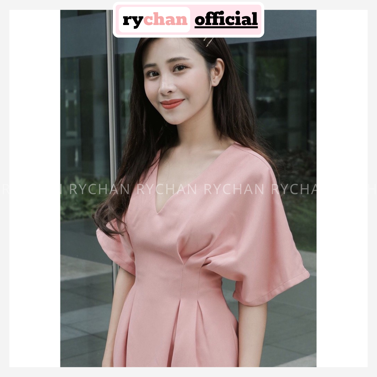 [XÃ KHO] Đầm Xoè Hồng Cổ V Cánh Dơi Bo Eo Form Dài - DX074
