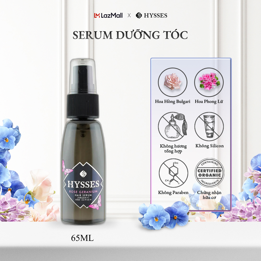 Tinh chất dưỡng tóc cao cấp hysses hair serum dành cho tóc nhuộm & khô, giúp dưỡng ẩm, giảm xơ rối, bảo vệ tóc dưới nhiệt độ cao với tinh dầu hoa hồng - phong lữ - argan hữu cơ tự nhiên