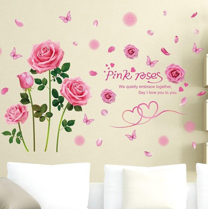 [HCM]DECAL TRANG TRÍ HOA HỒNG PHẤN VÀ CÔ GÁI THỔI BONG BÓNG